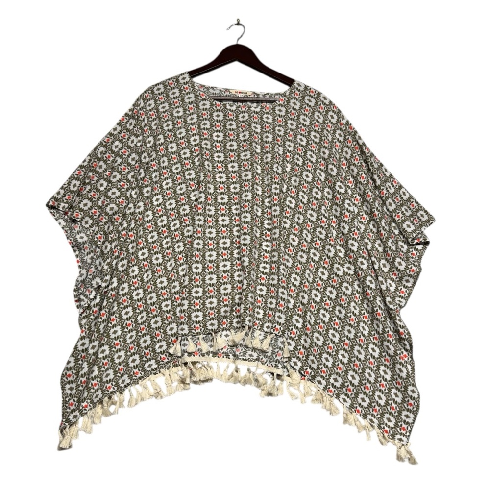 Re-Order Sage‎ Green Geometric Print Tassel Poncho Kimono S/M Lightweight Boho